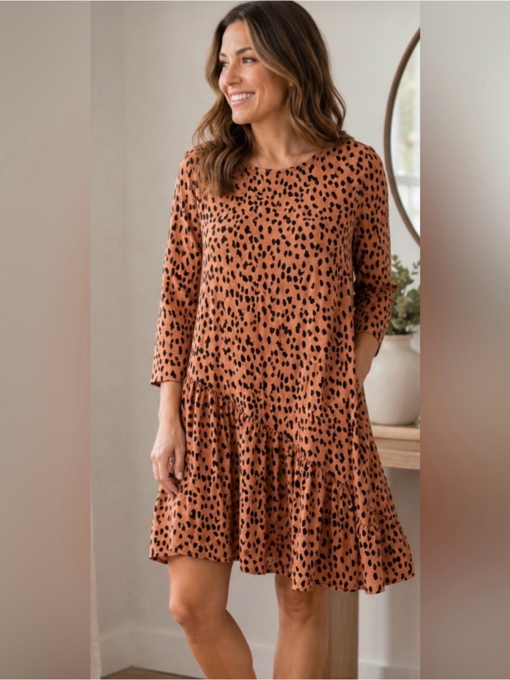 Hayden Tan and Black Leopard Print Asymmetrical Tiered Dress